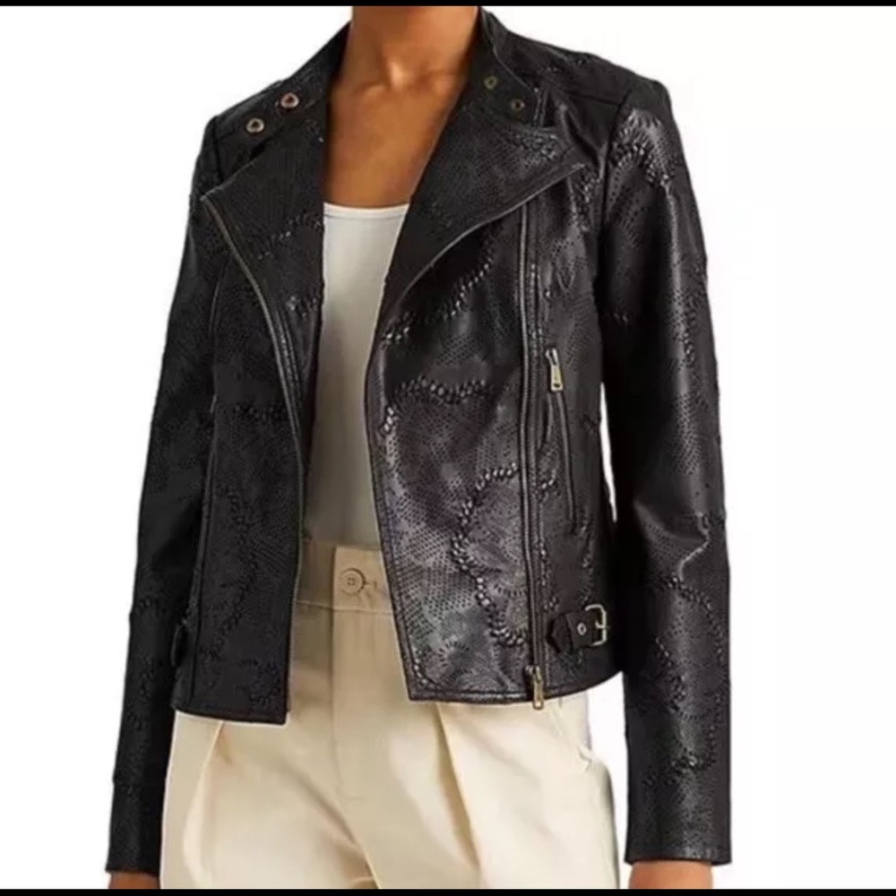 Ralph Lauren Black label Jacket Leather Moto Biker Black size 4 - Picture 2 of 16
